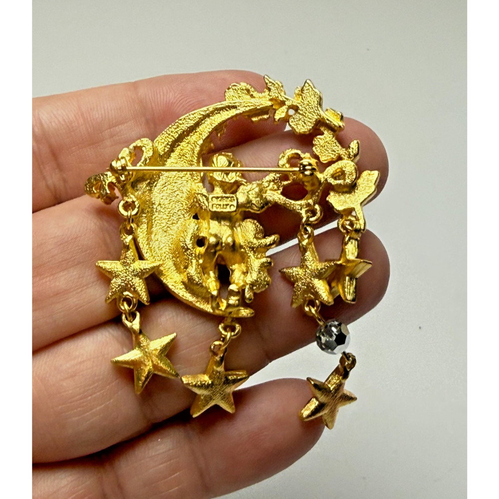 Kirks Folly Celestial Brooch Cherub Angel Crescent Moon Star AB Dangles Pin Gold - Picture 4 of 6